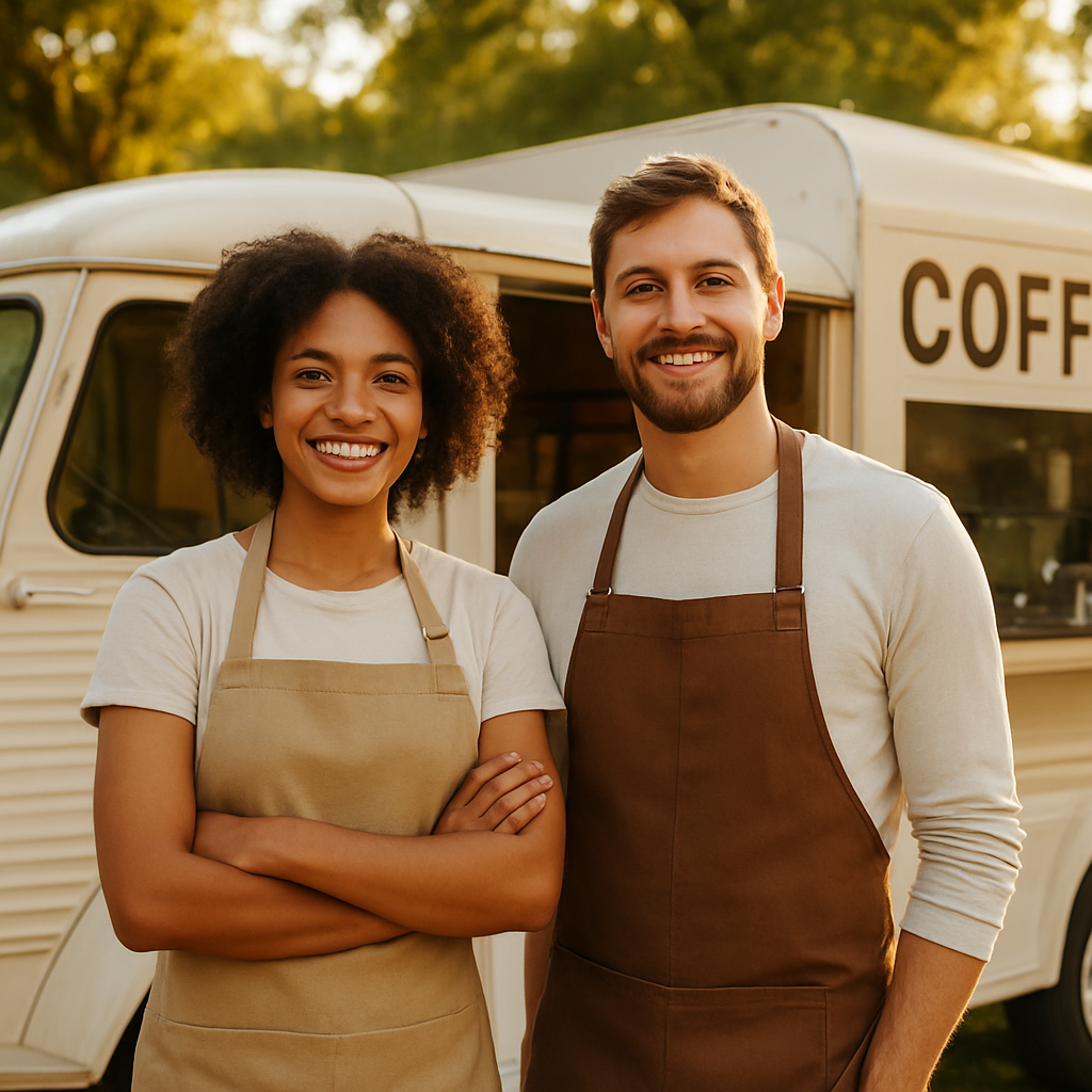 The founders of Due Stelle Coffee preparing drinks at an event
